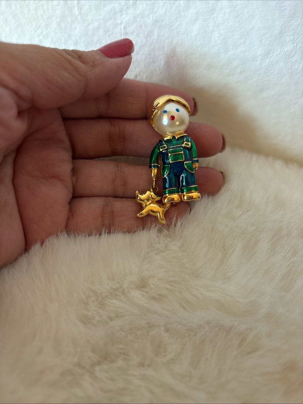 Gold-Tone Boy with Dog Enamel Pin - Green and Blue
